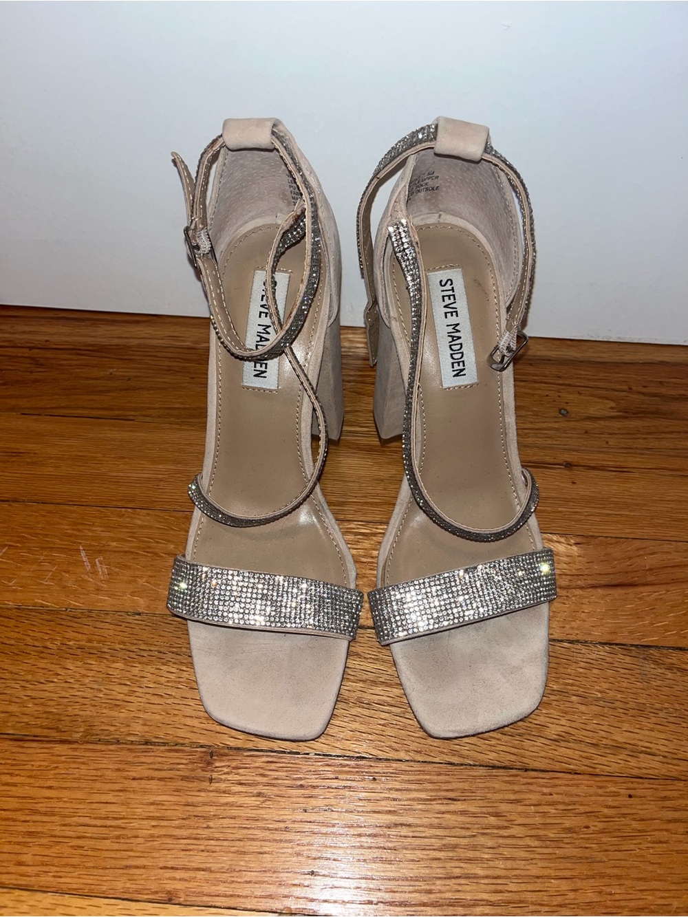 Steve Madden Nude Block Heel Sandals with Crystal Straps